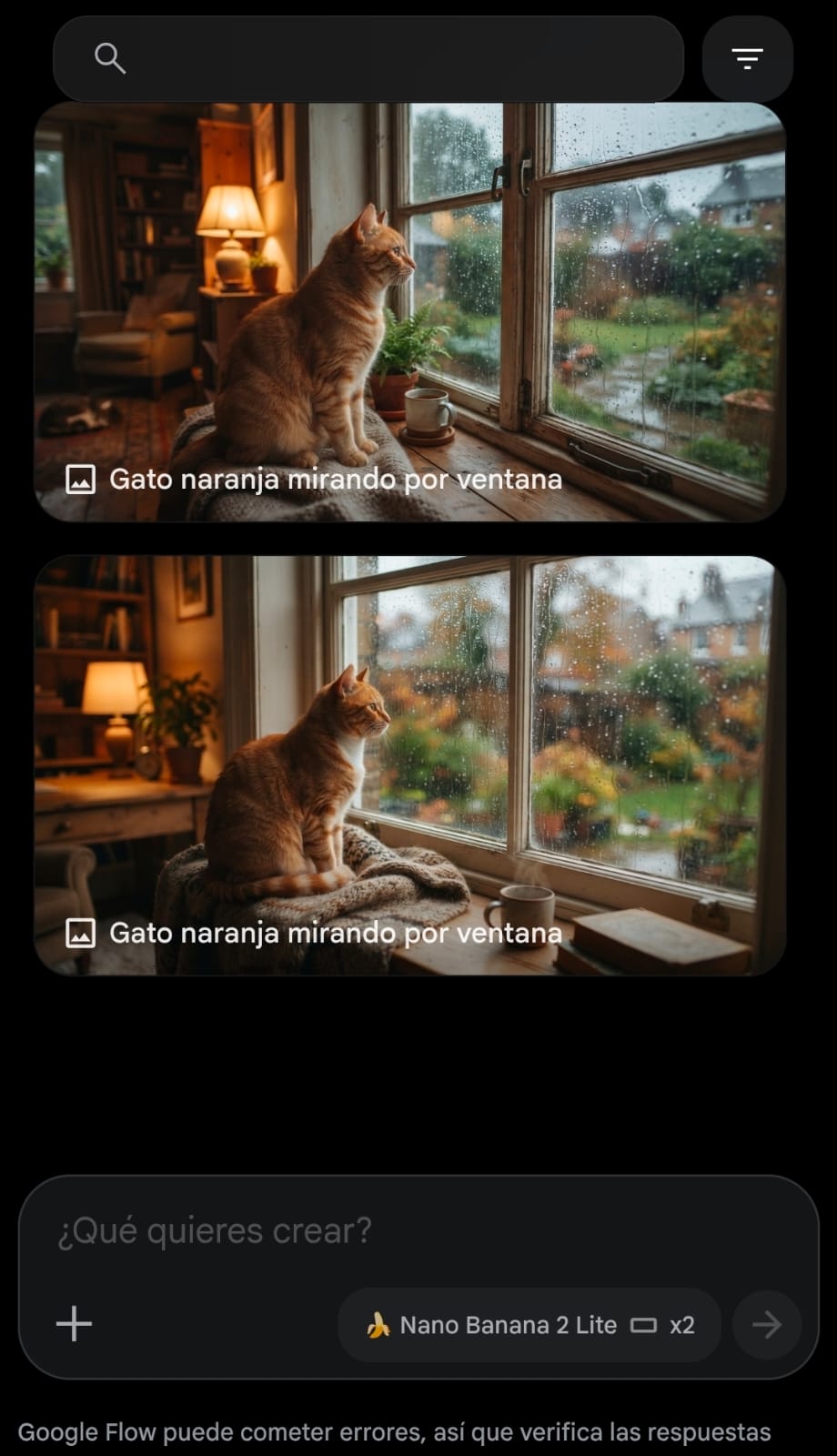 Google Flow mostrando dos imágenes generadas de un gato naranja mirando por una ventana